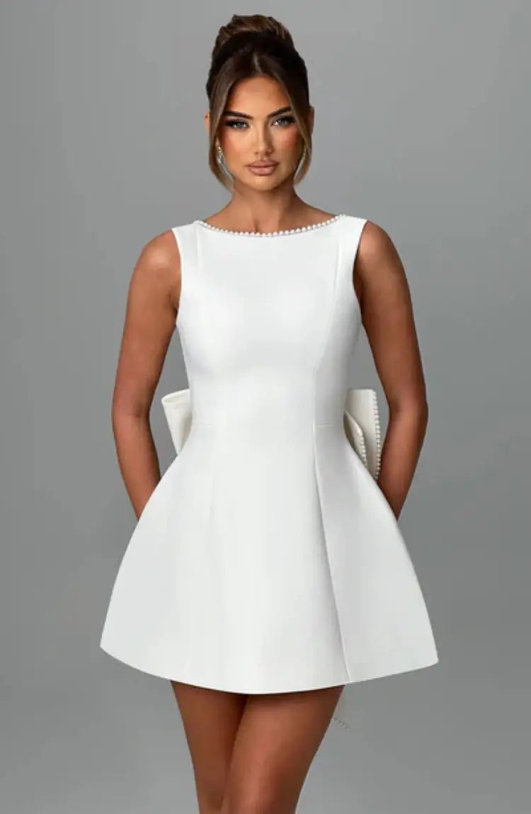 Elegant Pearl Bow Backless Sexy Mini Dress