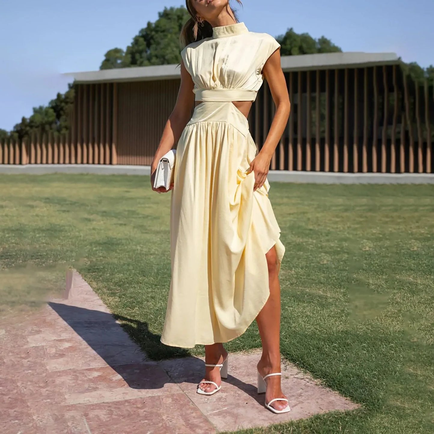 Women Fashion High Neck Solid Long Dress