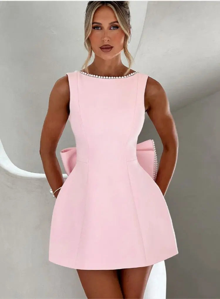 Elegant Pearl Bow Backless Sexy Mini Dress