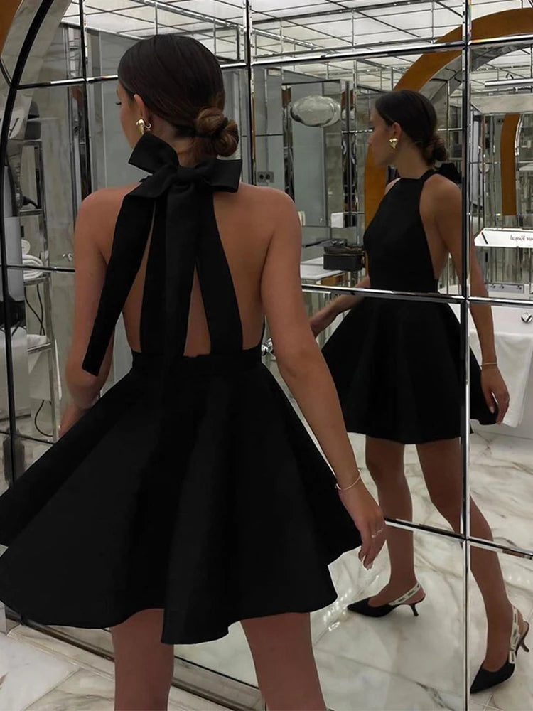 Vintage Stain Sexy Backless Halter Black Short Dress