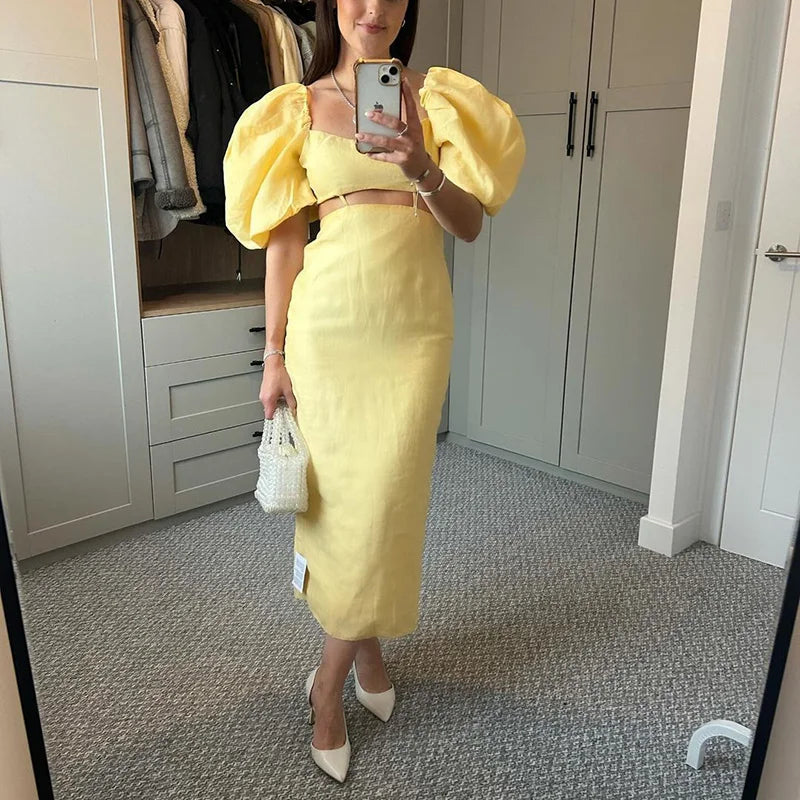 2025 Women High Waist Puff Sleeve Square Collar Dress Elegant