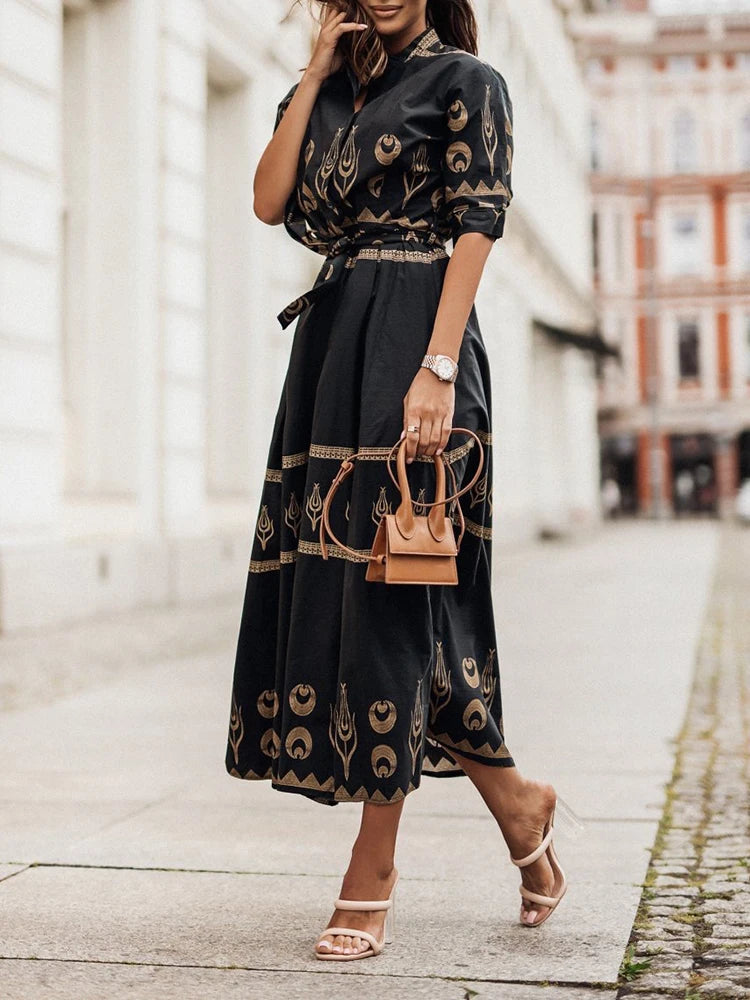 Women Fashion O Neck Button Shirt Dress Office Elegant Pattern Printed Party Dress Summer Casual Short Sleeve Bohe Long Dresses