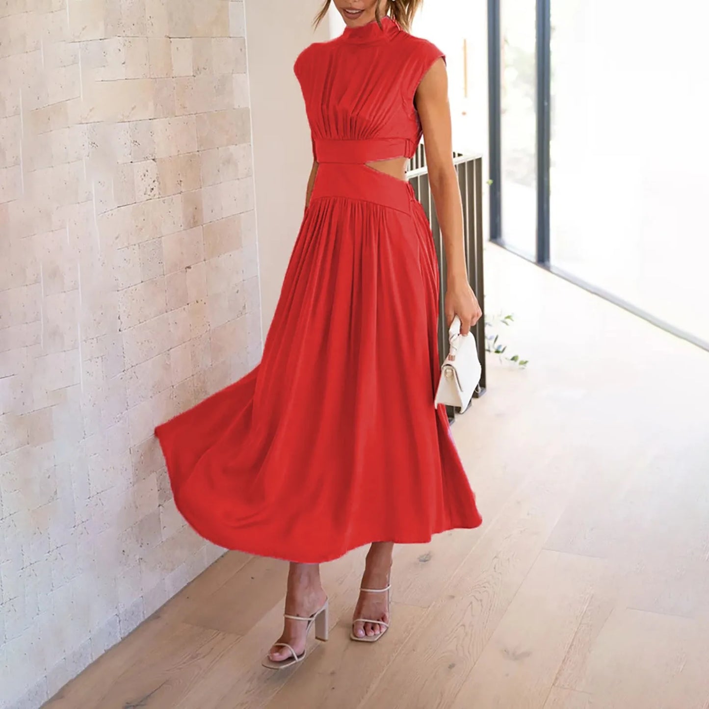 Women Fashion High Neck Solid Long Dress