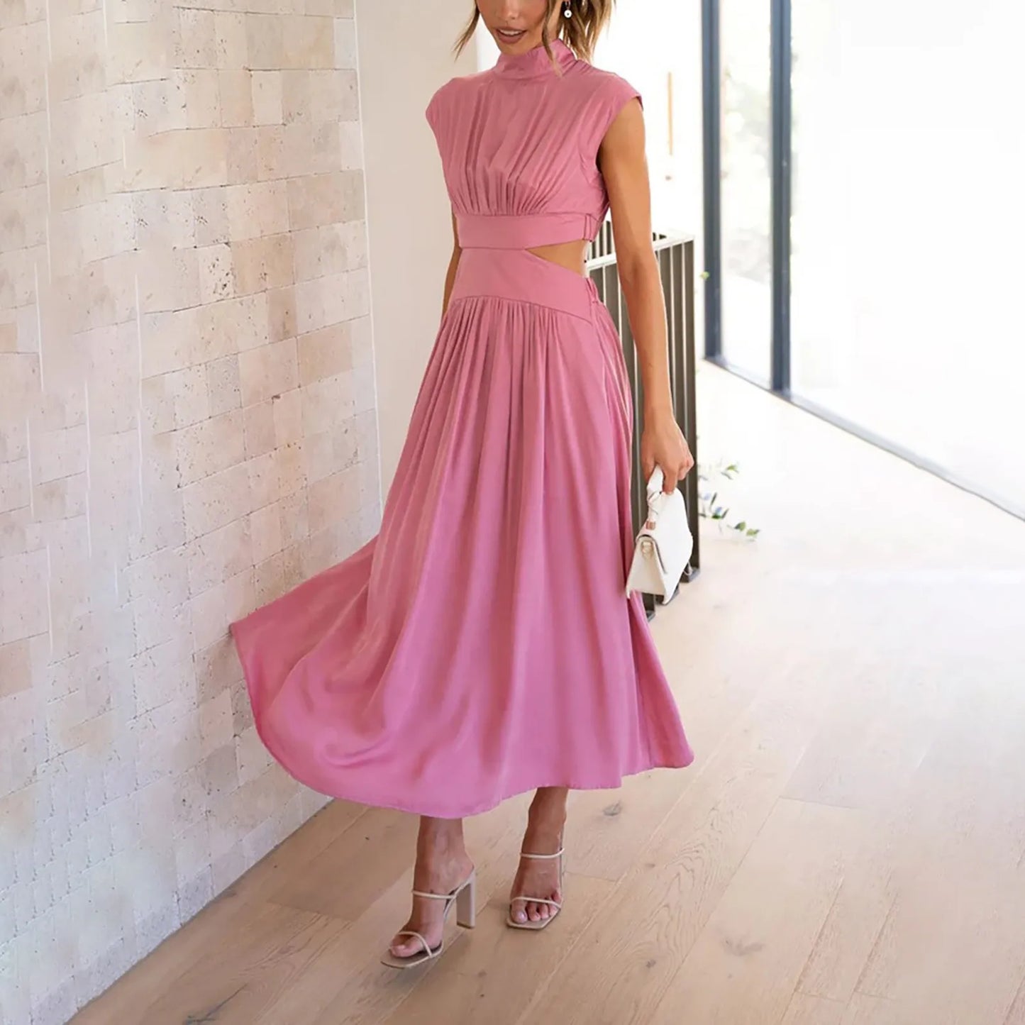 Women Fashion High Neck Solid Long Dress