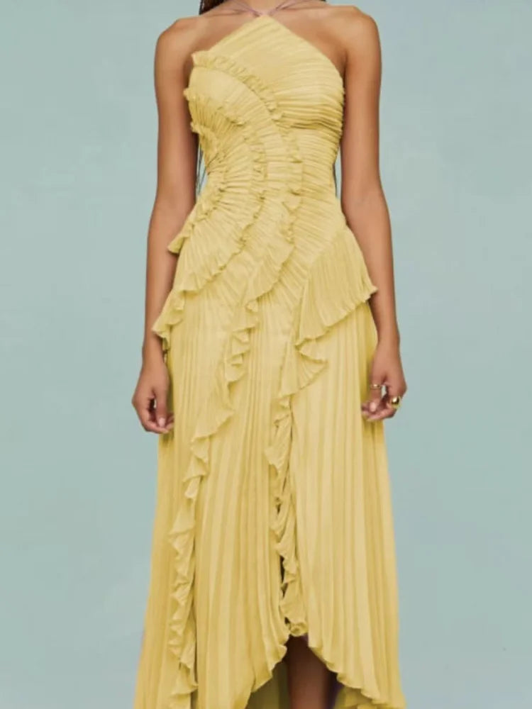 Chic pleated halter neck long vacation dress high quality