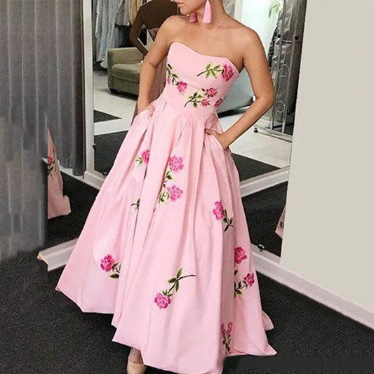 Chic Sexy Strapless Hollow Hem Party Dress Women Spring Floral Print