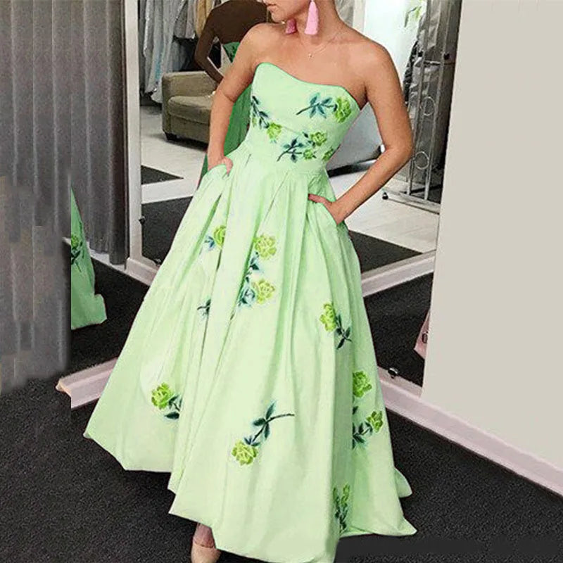 Chic Sexy Strapless Hollow Hem Party Dress Women Spring Floral Print