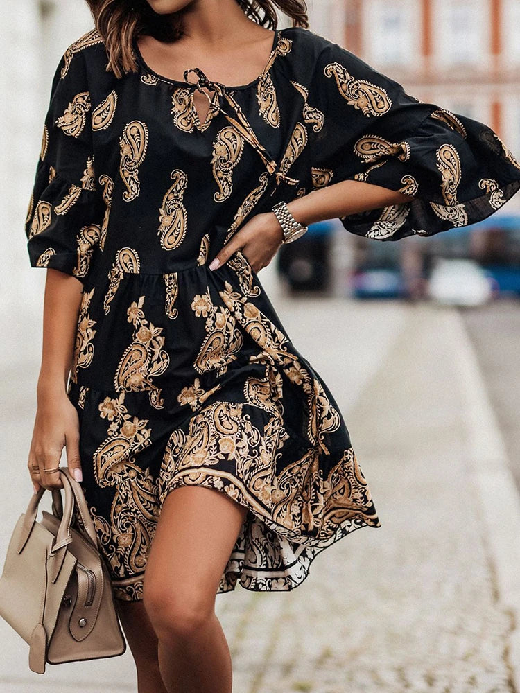 Women Fashion O Neck Button Shirt Dress Office Elegant Pattern Printed Party Dress Summer Casual Short Sleeve Bohe Long Dresses