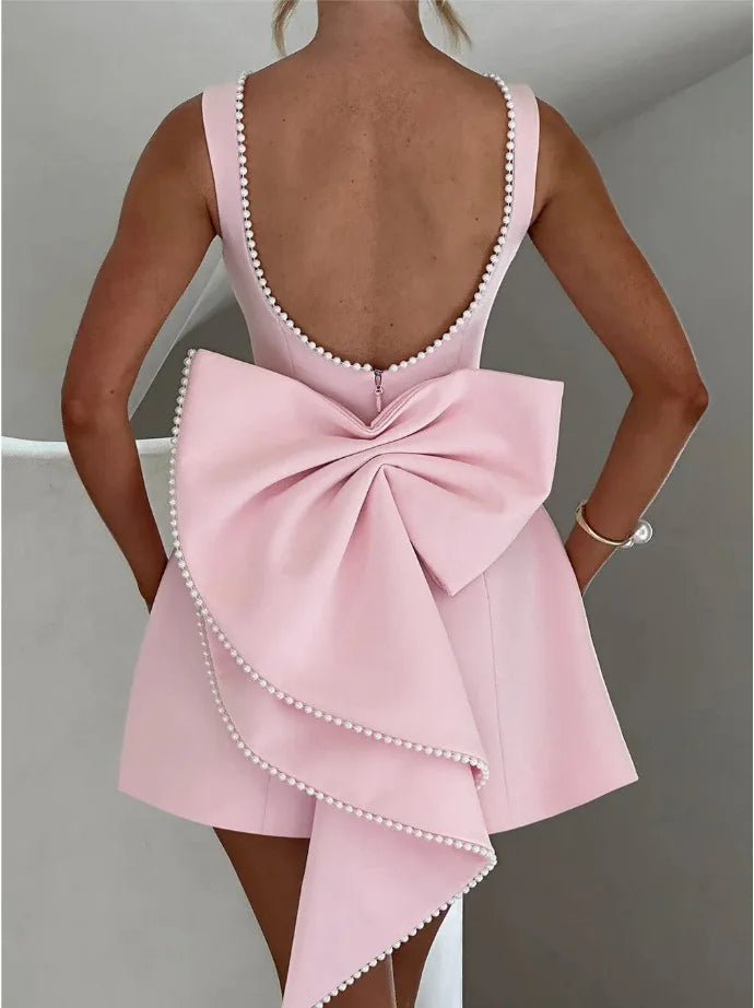 Elegant Pearl Bow Backless Sexy Mini Dress