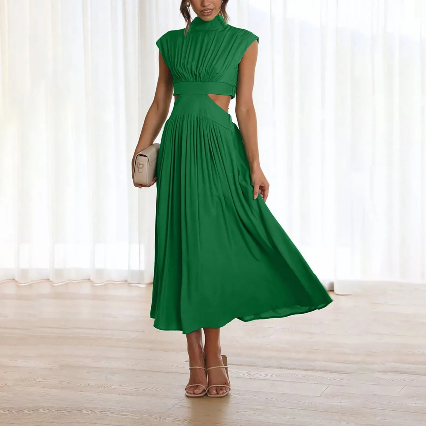 Women Fashion High Neck Solid Long Dress