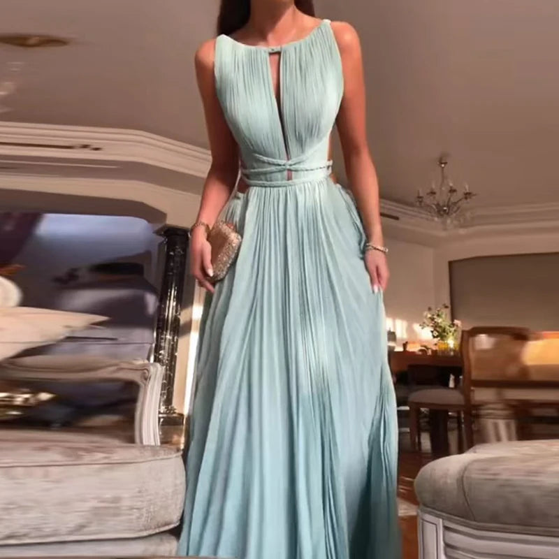 Women O-neck High Waist Pleated Long Dress