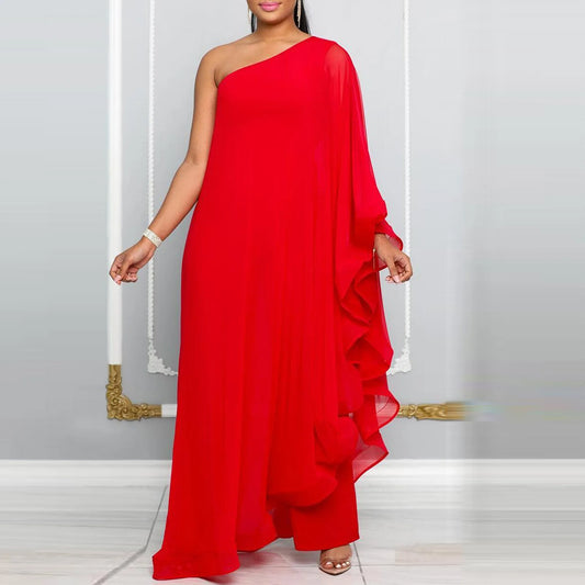 Women One Shoulder Jumpsuit Ruffle Long Sleeve Elegant
