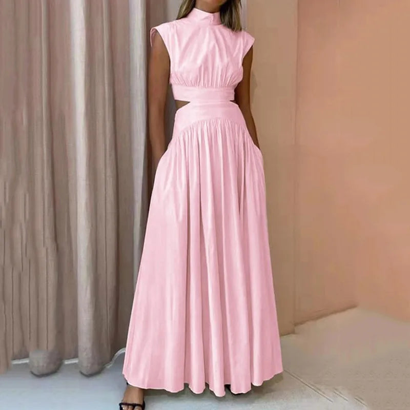 Women Fashion High Neck Solid Long Dress