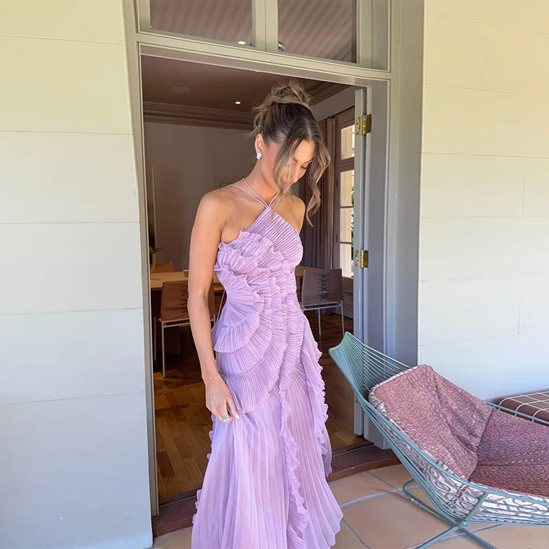 Chic pleated halter neck long vacation dress high quality