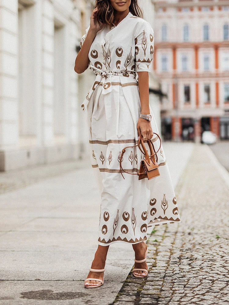 Women Fashion O Neck Button Shirt Dress Office Elegant Pattern Printed Party Dress Summer Casual Short Sleeve Bohe Long Dresses