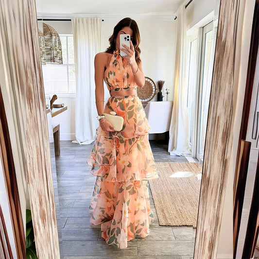 Spring Printed Hollow Boho Long Dress Women Elegant