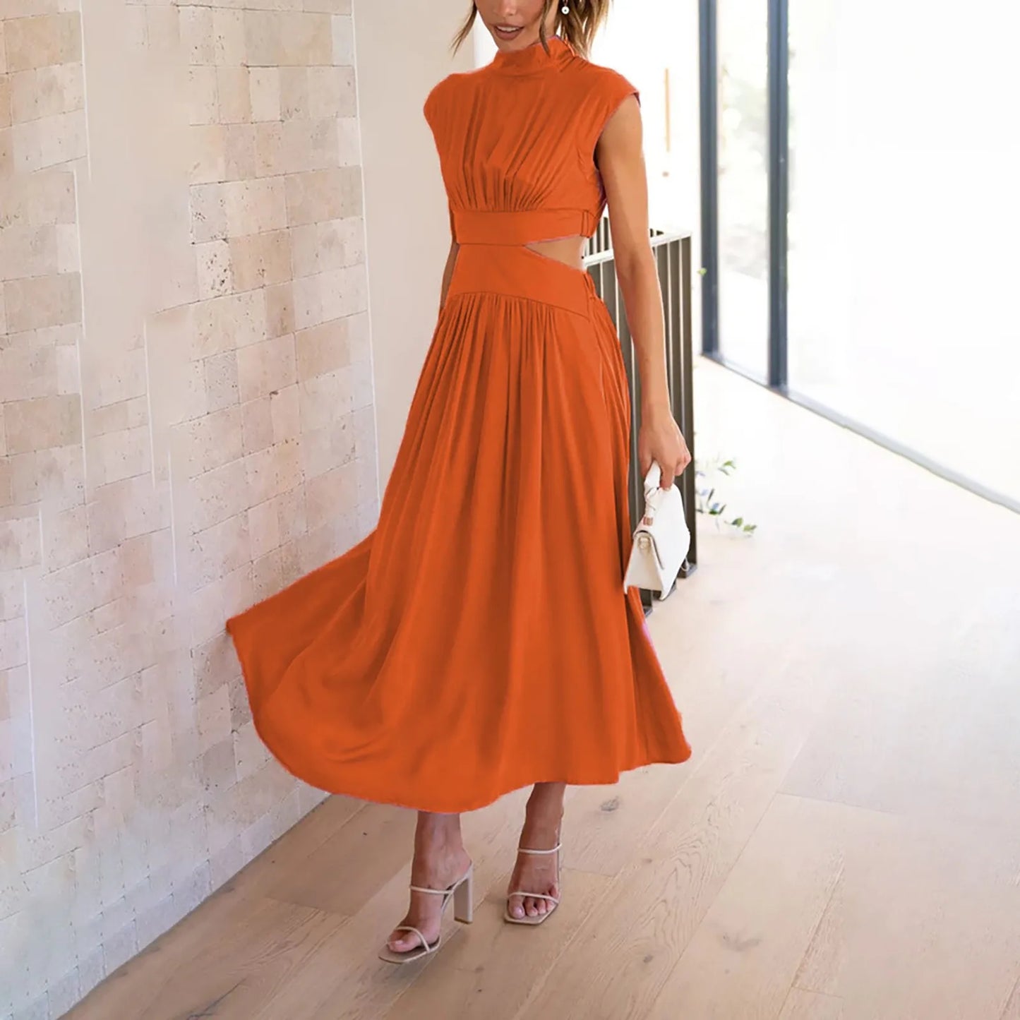 Women Fashion High Neck Solid Long Dress