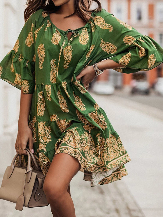 Women Fashion O Neck Button Shirt Dress Office Elegant Pattern Printed Party Dress Summer Casual Short Sleeve Bohe Long Dresses