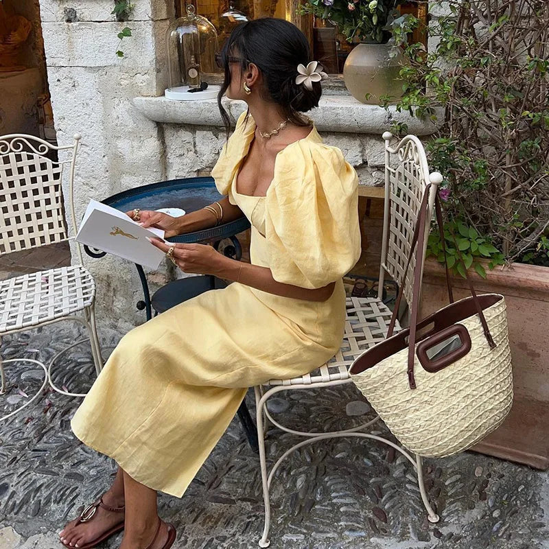 2025 Women High Waist Puff Sleeve Square Collar Dress Elegant