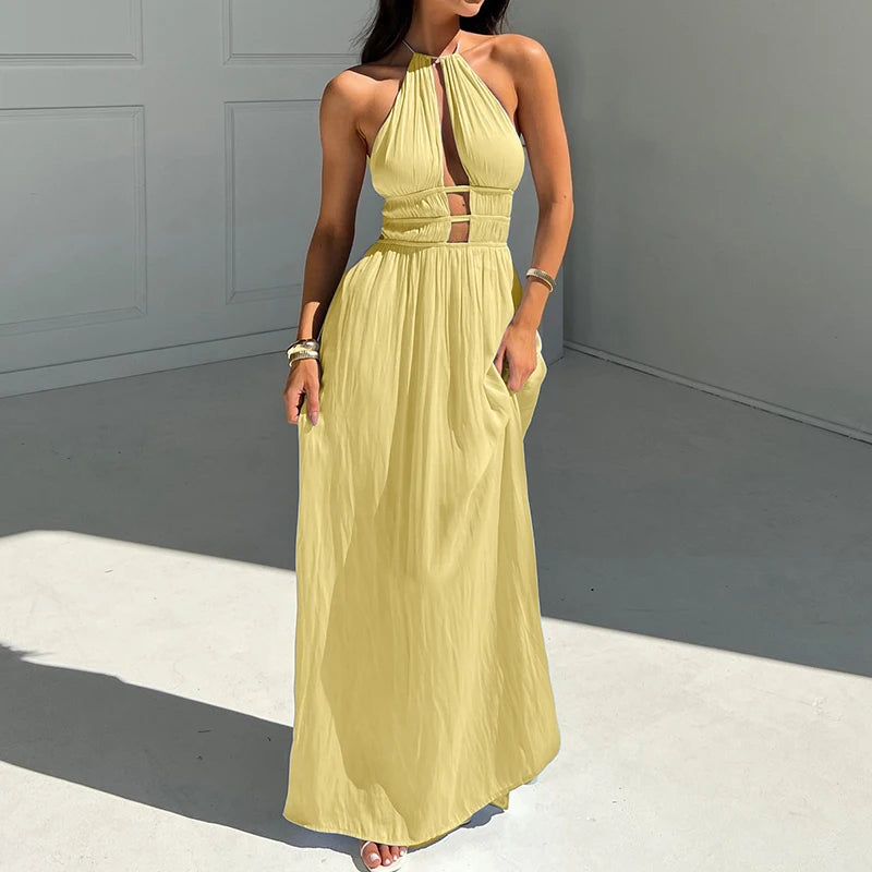 Simple Solid Off Shoulder Pleated Long Dress Elegant Summer