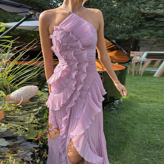 Chic pleated halter neck long vacation dress high quality