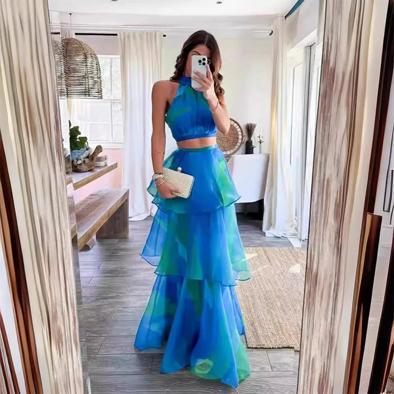 Spring Printed Hollow Boho Long Dress Women Elegant