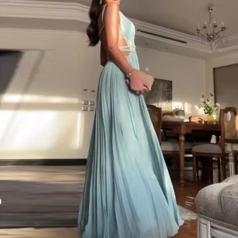 Women O-neck High Waist Pleated Long Dress
