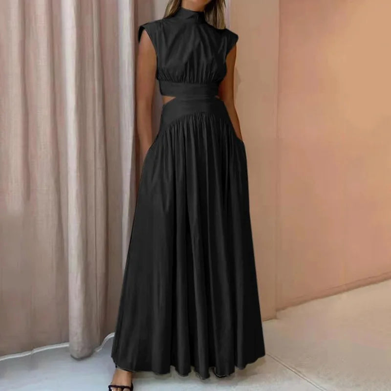 Women Fashion High Neck Solid Long Dress