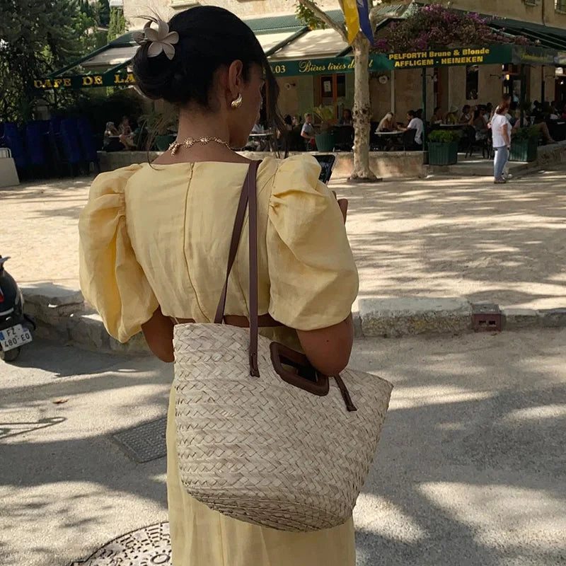 2025 Women High Waist Puff Sleeve Square Collar Dress Elegant