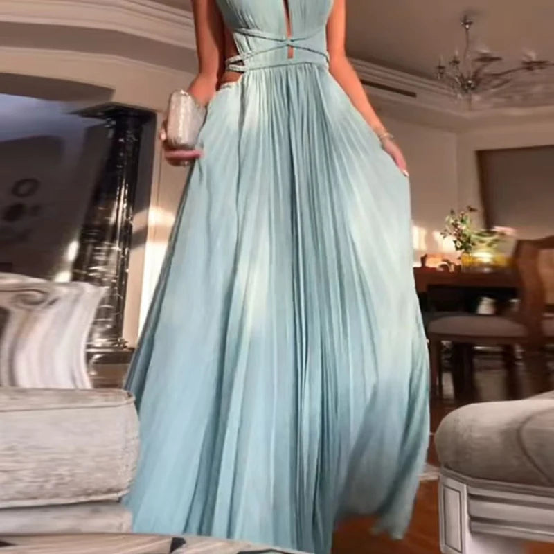 Women O-neck High Waist Pleated Long Dress