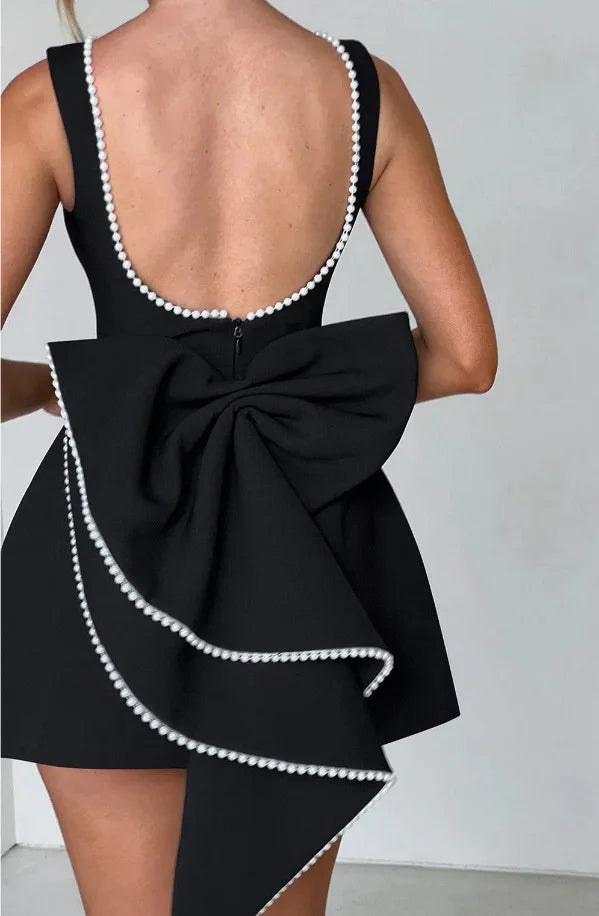 Elegant Pearl Bow Backless Sexy Mini Dress