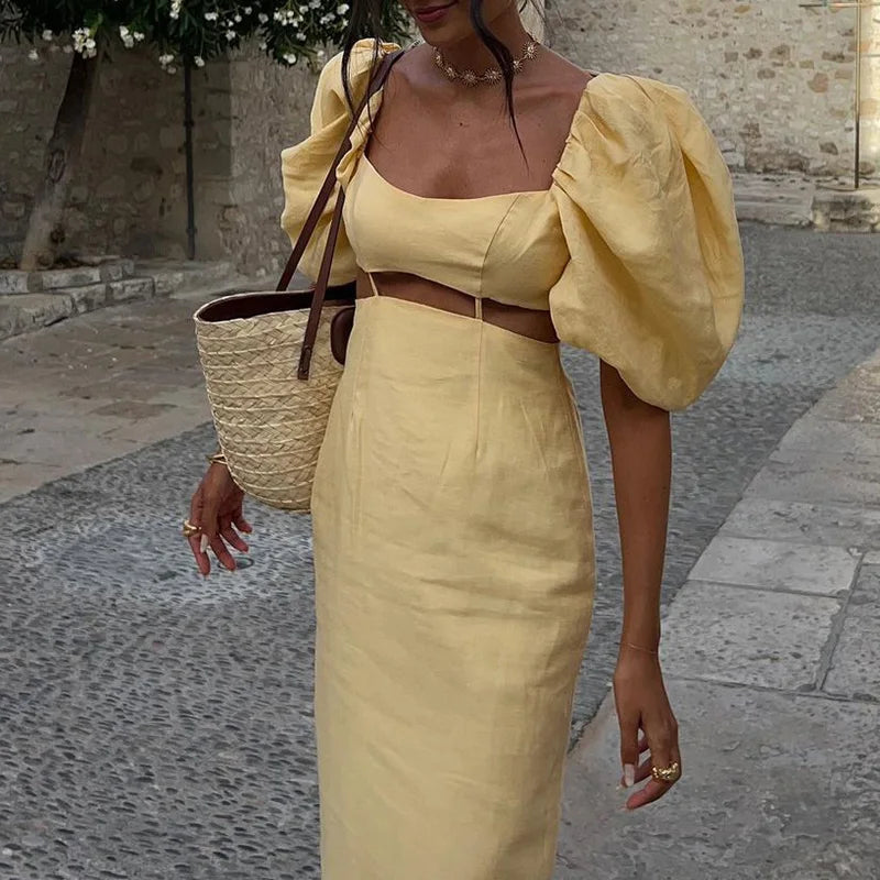 2025 Women High Waist Puff Sleeve Square Collar Dress Elegant