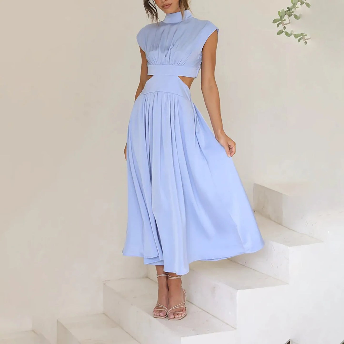 Women Fashion High Neck Solid Long Dress