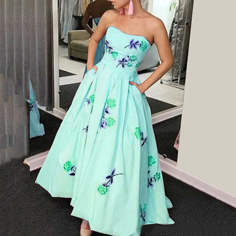 Chic Sexy Strapless Hollow Hem Party Dress Women Spring Floral Print