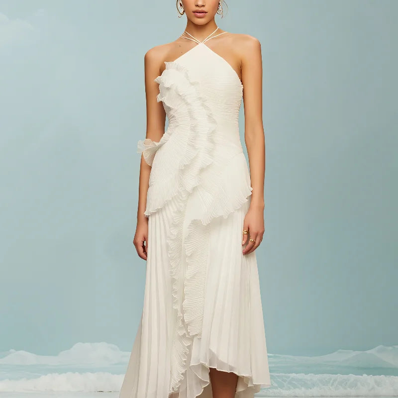 Chic pleated halter neck long vacation dress high quality