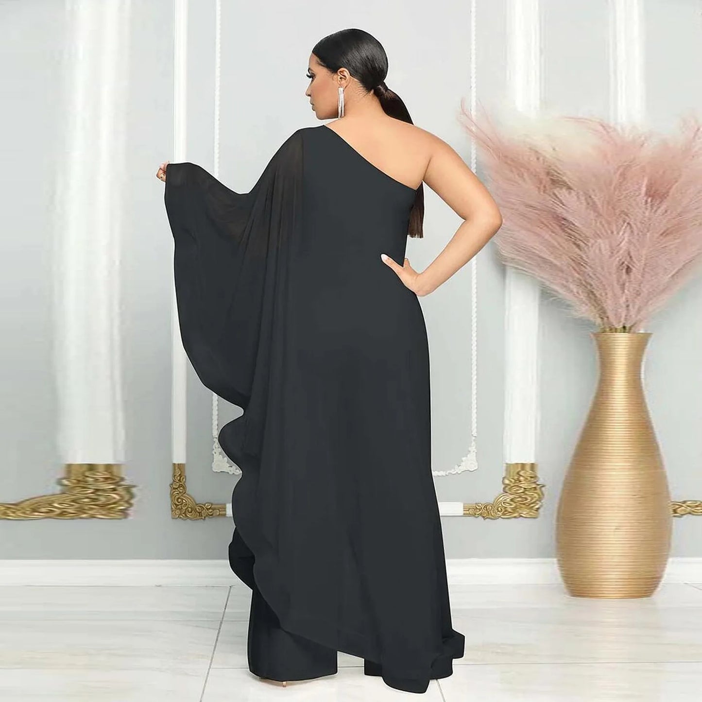 Women One Shoulder Jumpsuit Ruffle Long Sleeve Elegant