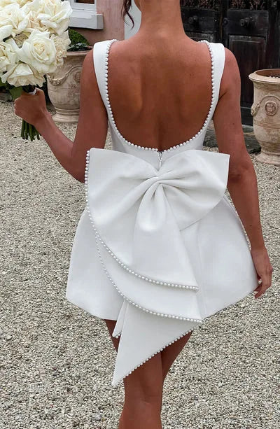 Elegant Pearl Bow Backless Sexy Mini Dress
