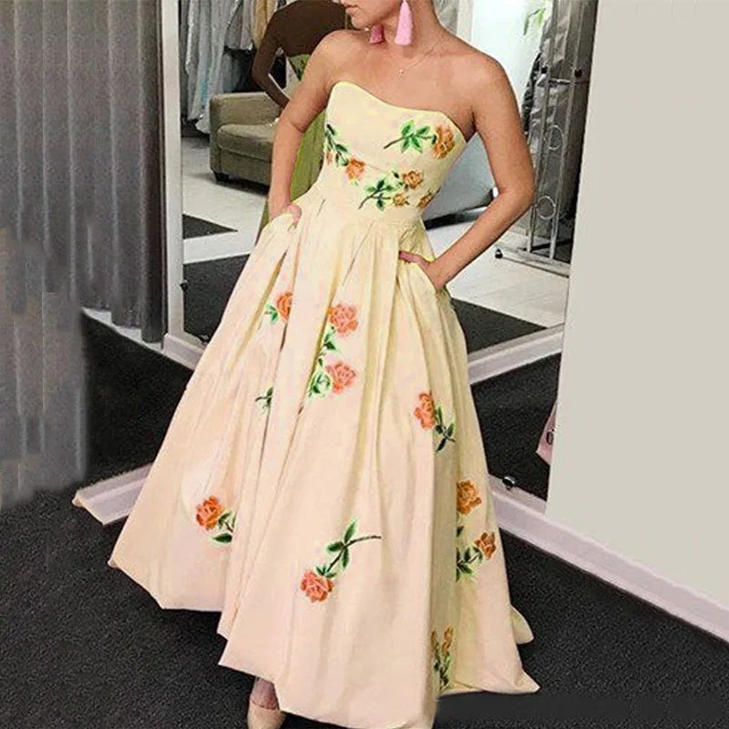 Chic Sexy Strapless Hollow Hem Party Dress Women Spring Floral Print