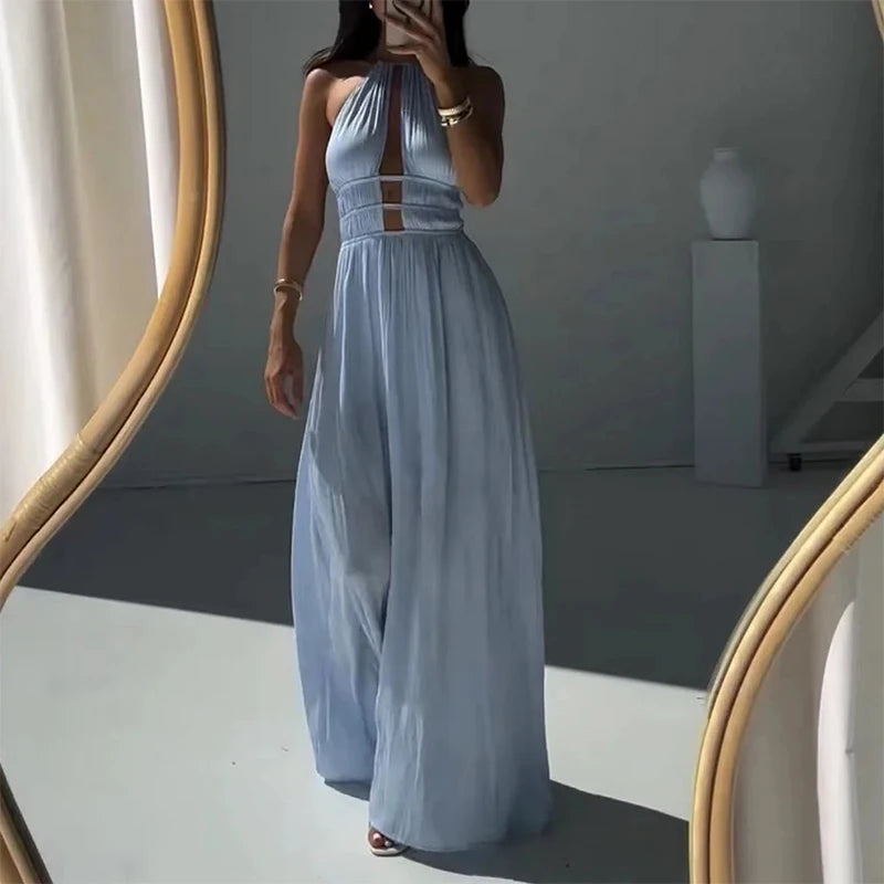 Simple Solid Off Shoulder Pleated Long Dress Elegant Summer