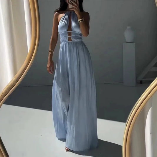 Simple Solid Off Shoulder Pleated Long Dress Elegant Summer