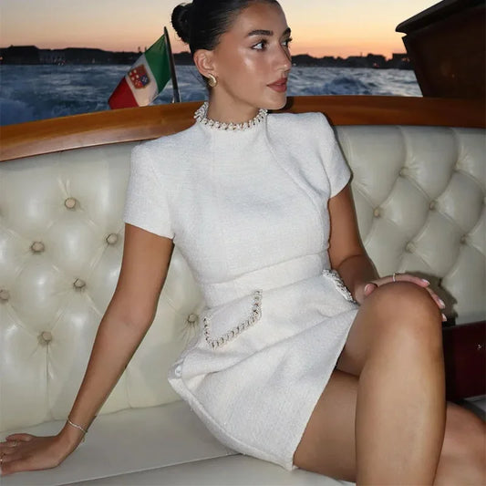 White Elegant Tweed Short Dress