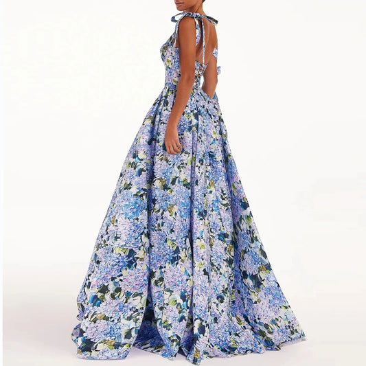 Women Fashion Floral Print Hem Maxi Dress Spring