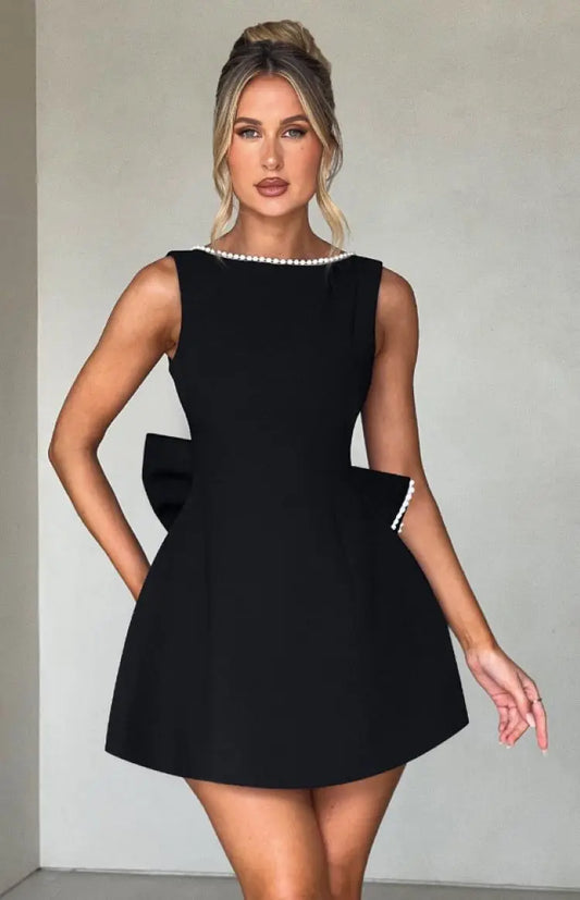 Elegant Pearl Bow Backless Sexy Mini Dress