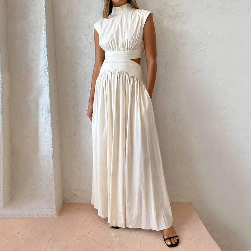 Women Fashion High Neck Solid Long Dress