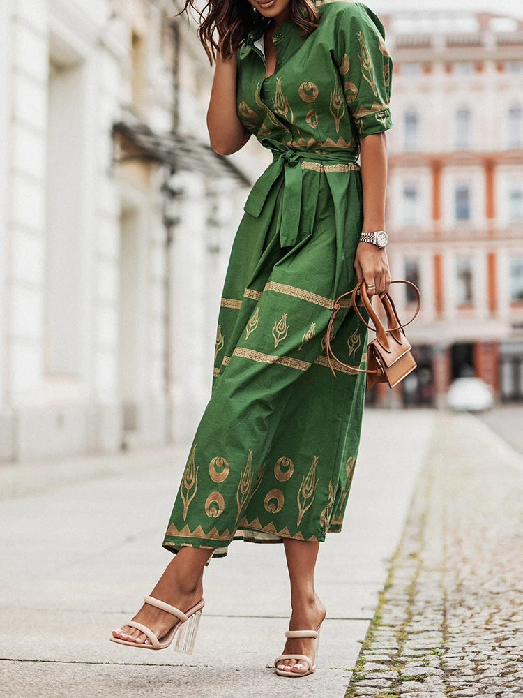 Women Fashion O Neck Button Shirt Dress Office Elegant Pattern Printed Party Dress Summer Casual Short Sleeve Bohe Long Dresses